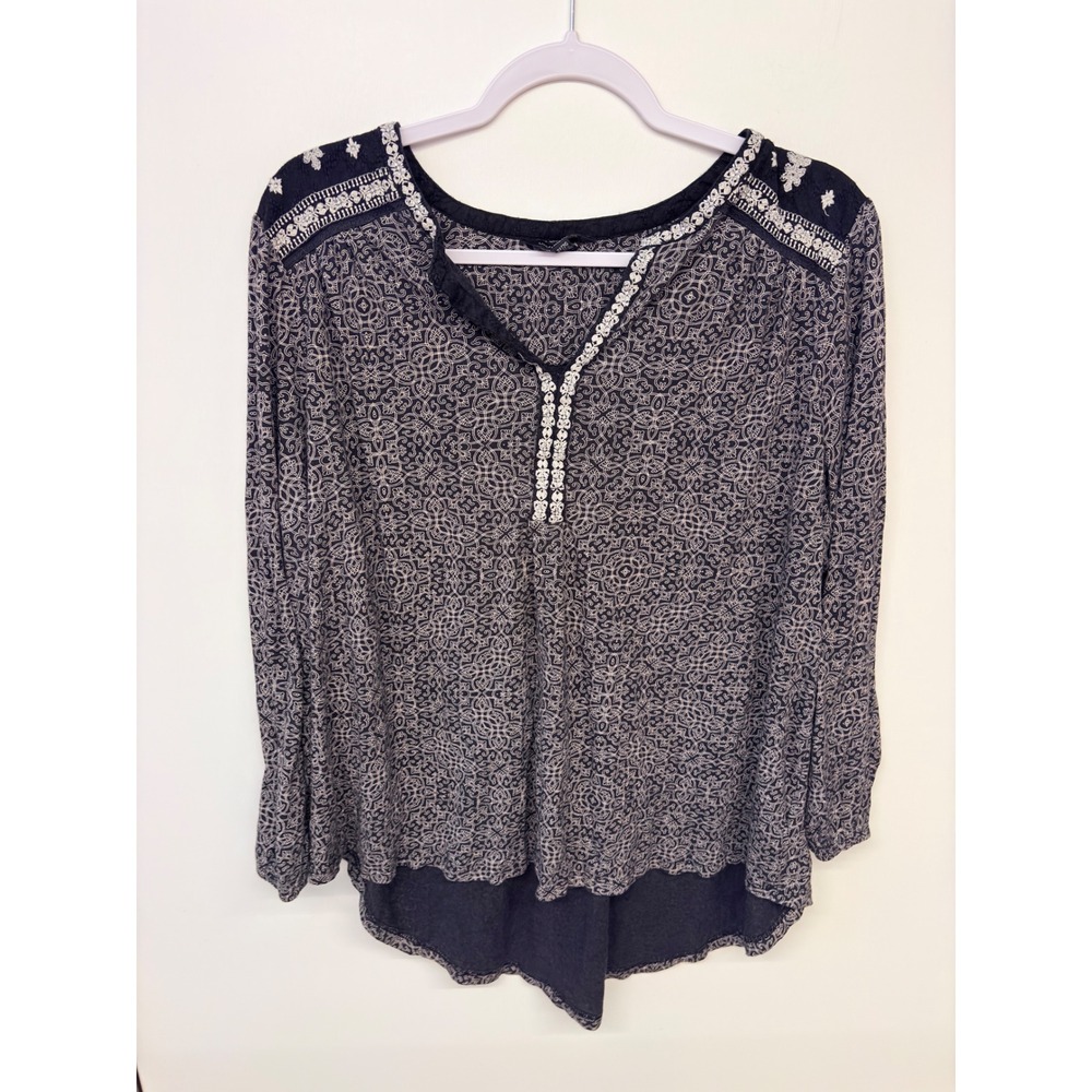 Boho CottageCore Peasant Blouse Embroidered High Low Lucky Brand Women 2X Black